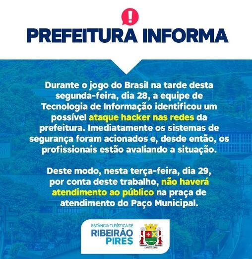 Prefeitura de Ribeirão Pires tem sistemas atacados por cybercriminosos