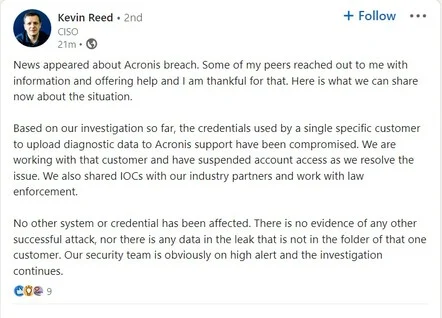 Fornecedor de proteção de dados Acronis admite vazamento de dados quando 12 GB aparece online
